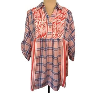 NWT GiGio Red Mixed Plaid Oversized Cotton Tunic, Size S